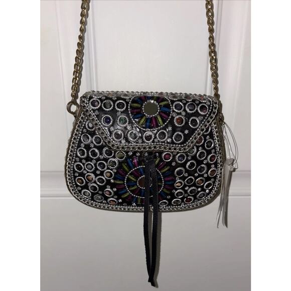 Greta Flap Crossbody Bag Silver Multi by Lulu NYC NWTS Metal Bag Natural Stones - Picture 1 of 16